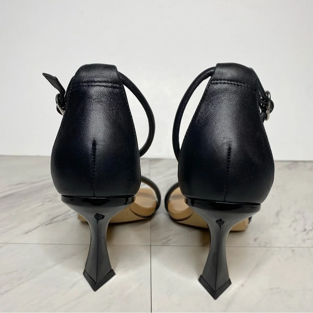 New! Marc Fisher Derine Black Leather Square Toe Heeled Sandal 7 1/2